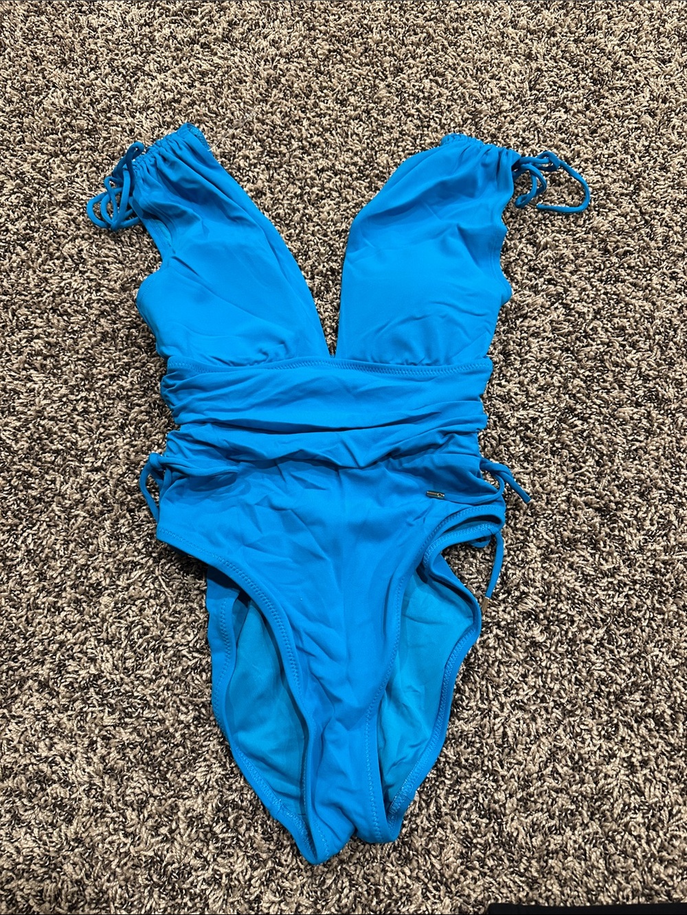 Robin Piccone Turquoise Blue One-Piece Swimsuit with Ruched Waist and Side Ties